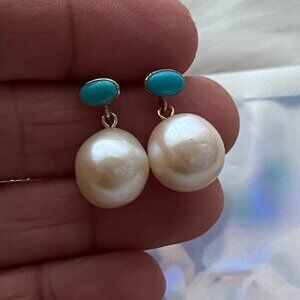 14K Yellow Gold Turquoise and Pearl Earrings